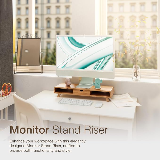 Tinamo Acacia Monitor Stand with Drawer, Multi-Purpose Storage (Patented) | Acacia Wood, Fits Monitors up to 32", Built-in Drawer, Hidden Storage, Non-slip, Round Edge, Ergonomic Height, Easy Assembly - Image 6