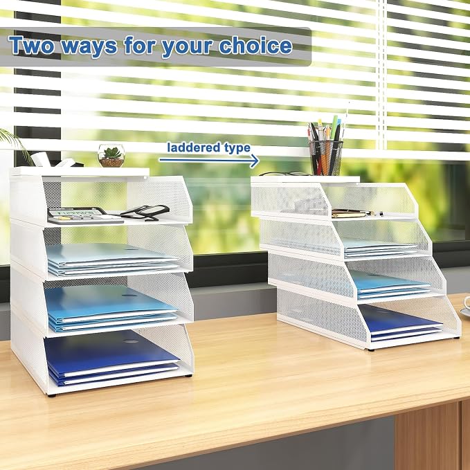 Natwind 4-Tier Stackable Metal Mesh Desk Paper Tray Organizer,White | Desktop Accessories for Office Supplies, Letter Tray For Paper Storage ,File Document Holder For Home School Classroom - Image 5