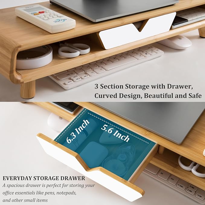 Homerays Monitor Stand with Drawer, Exquisite Computer Monitor Stand for Desk, Ergonomic Wood Monitor Stand Riser for Computer,Laptop,Printer,TV,Bamboo,White - Image 6