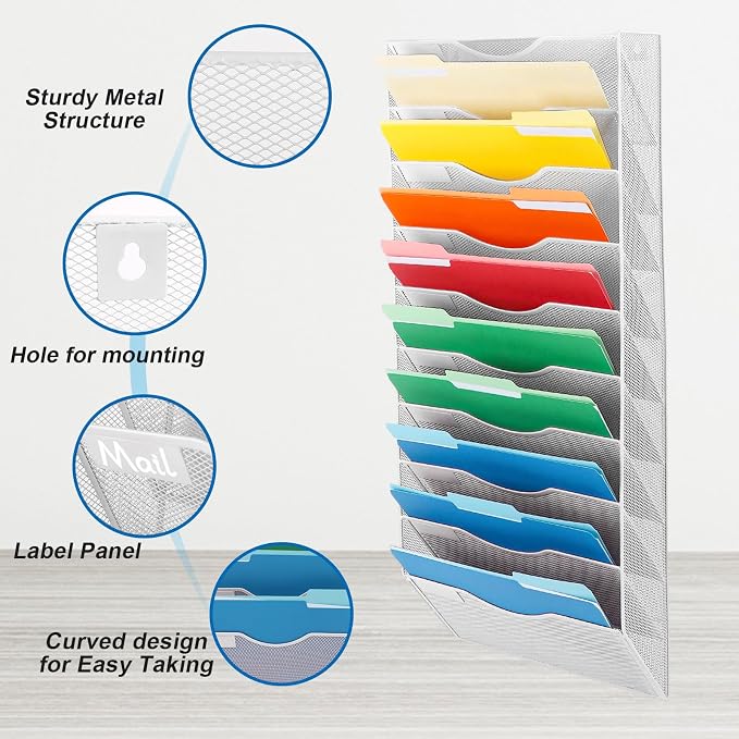 10 Pocket Mesh Hanging Wall File Organizer, Wall Mounted Mail Paper Document Folder Holder, Clipboard Storage Organization Magazine Rack with Nametag Label for Office Home School, White - Image 3