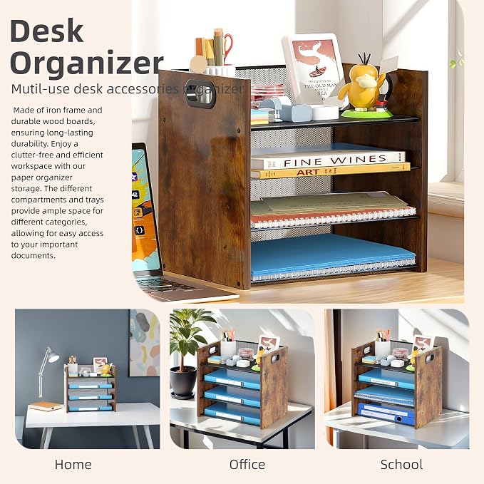 Desk Organizer, 4 Tier Desktop File Organizer and Paper Tray Organizer, Office Desk Accessories for Mail, Documents, Papers, Notebooks and Home Office Storage - Image 7