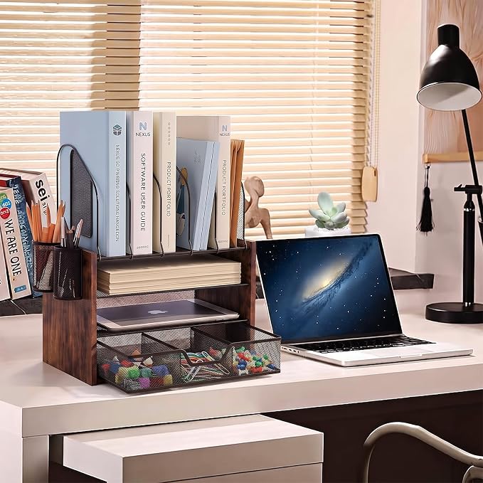 Wood Desk Organizer - 4-Tier Desktop File Organizer with Drawer, Wooden Paper Tray, Vertical File Holders & 2 Pencil Holders - Office Desk Organizer for Papers, Mail, Notebooks, Stationery - Image 3