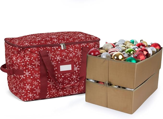 Covermates Keepsakes Adjustable Ornament Storage Bag – Heavy-Duty Polyester, Padded Dividers & FlexGrid Trays – Protective Holiday Ornament Organizer with Handles & Label Window, Red Snowflake by Covermates