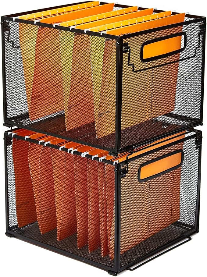 SETTFRFE 2 Pack File Organizer,Metal File Crates for Hanging Folders,Black | Mesh Letter Size Hanging Folder Organizer & Filing Crate with Handle,Stackable Rack for Office Supplies,Classroom & Home - Image 4