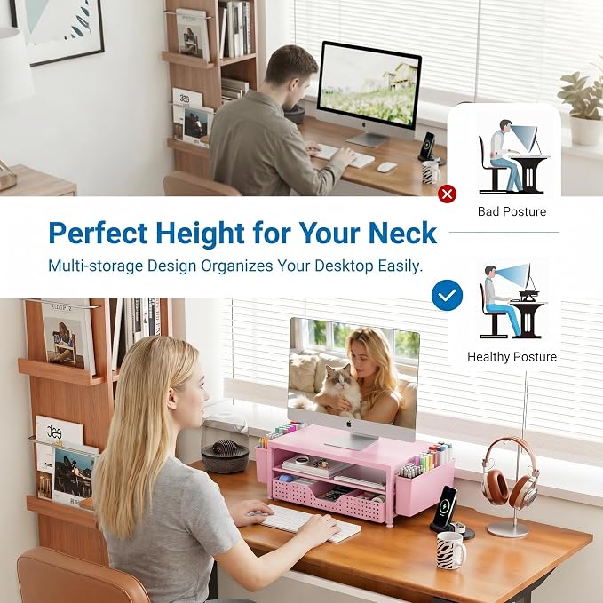 Desk Organizers and Accessories, Computer Monitor Stand Riser with Drawer and 2 Pen Holders, Printer & Laptop Stand, Office Desk Accessories & Workspace Organizers for Home Office Supplies, Pink - Image 4