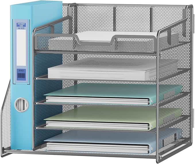 Lavatino 5-Tier Metal Mesh Desk Organizer with File Holder & 7 Customizable Compartments | Paper Letter Tray for Office or Home Desk Storage | Keep Workspace Supplies Neat & Organized, Silver - Image 2