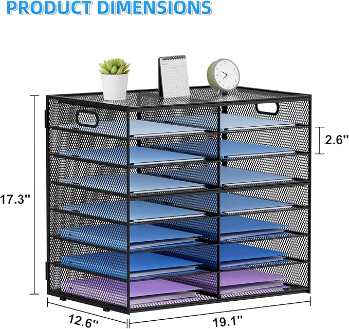 Lavatino 14 Compartments Paper Organizer for Desk, Mesh Literature Organizer, Mail File Sorter Tray with Handle, Desktop Mailbox for Office Classroom Home, Black - Image 4