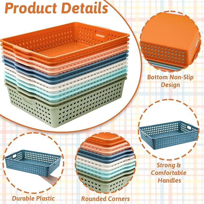 12 Pcs Plastic Classroom Storage Basket Bulk 14 x 10 In Turn in Paper Trays for Classroom A4 Size Colorful Storage Organizer Bin with Handles Stackable Container for Playroom Home Office School Supply - Image 3