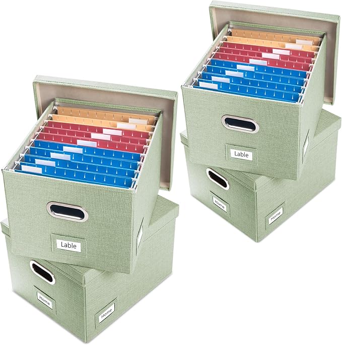 File Organizer Box - Set of 4 Collapsible Decorative Linen Filing Storage Hanging File Folders with Lids Office Cabinet Letter/Legal Size Green 17.1x14x11.1 inch by Prandom