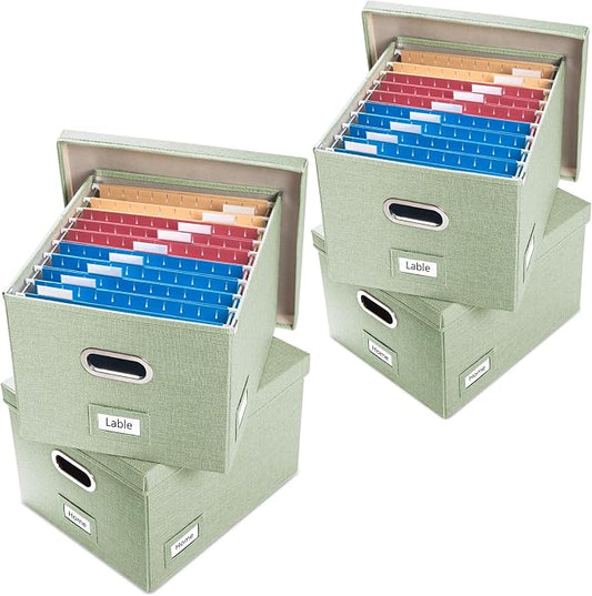 File Organizer Box - Set of 4 Collapsible Decorative Linen Filing Storage Hanging File Folders with Lids Office Cabinet Letter/Legal Size Green 17.1x14x11.1 inch by Prandom