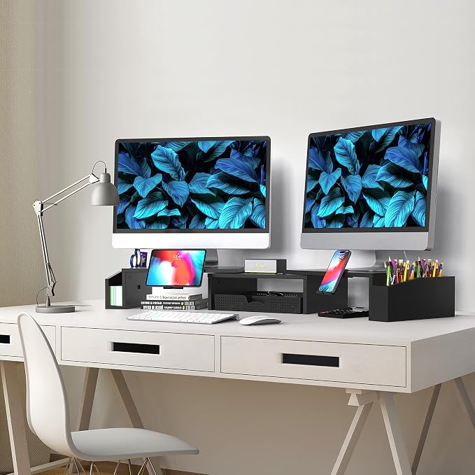 Simple Houseware Desk Dual Monitor Stand Riser with Drawer, Black | Customizable Organizer Tray, Built-In Phone & Tablet Slot and Side Storage - Image 5