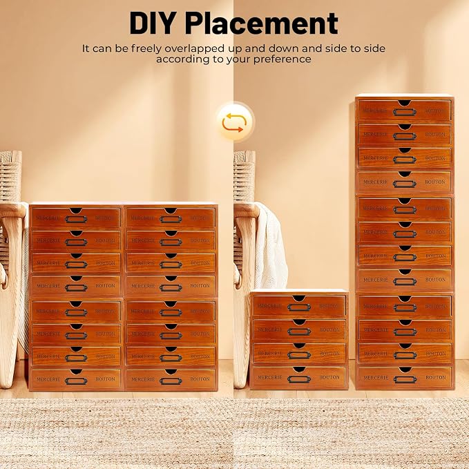 Vintage 16-Drawer Wooden Desk Organizer, 4Pcs 4-Slot Filing Cabinet, Stackable Craft Storage Drawers, Rustic Tool Box, Multilevel Apothecary Cabinet, Ideal Home Office Organizers and Accessories - Image 3