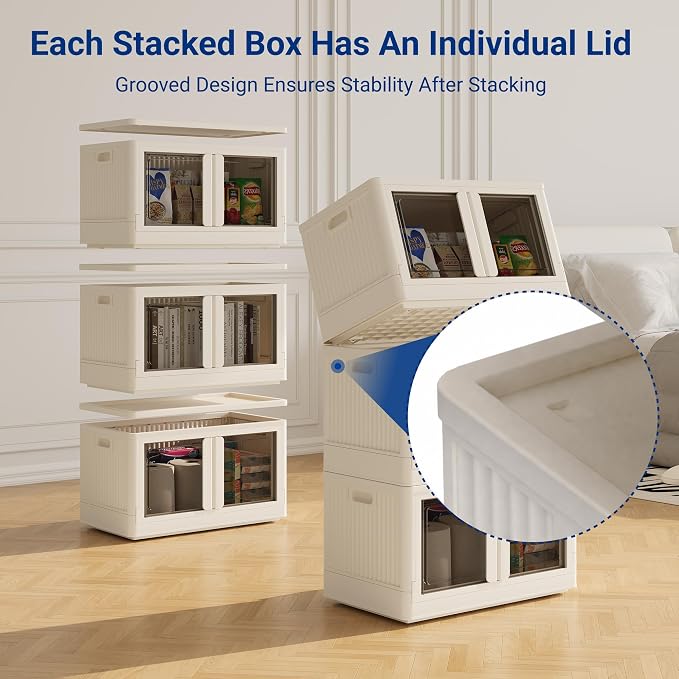FLEXIMOUNTS 228 QT Stackable Plastic Storage Bins With Lids, Milky White | Collapsible Foldable Storage Bins with Front Doors and Built-in Wheels, Organizers and Storage for Home, Dorm, 3 Pack Cubes - Image 5
