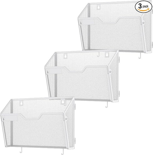 Docnest 3 Pack Mesh Wall File Holders with Hooks for Mail, White | Space-saving vertical design with utility hooks. Ideal paper document organizer for office, home, and school by DocNest