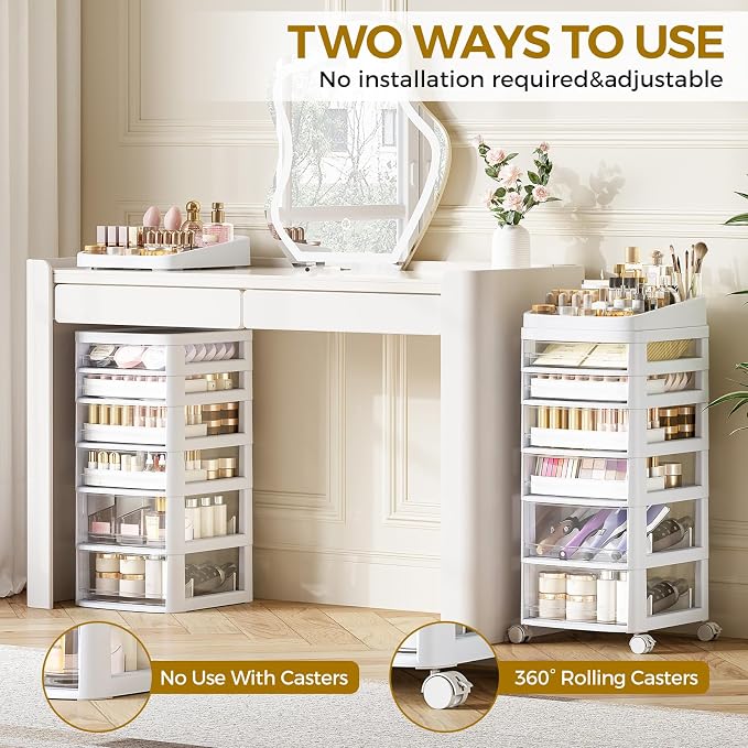 Rolling Cart with 6 Drawers, Clear Plastic Drawer Organizers, Vanity Cart | Dust Proof Under Desk Storage with Dividers for Makeup, Skincare, Art Crafts and Baby Items, Acrylic Cosmetic Organizer - Image 6