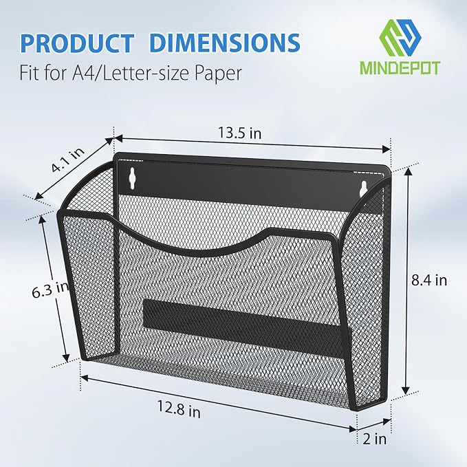 MINDEPOT Magnetic Wall File Organizer, Hanging File Holder, 1 Pack, Black | Heavy Duty Iron, Powerful Magnet, Metal Mesh Wall Mount, Single Pocket, for Office School Classroom Home, Letter A4 Size - Image 2