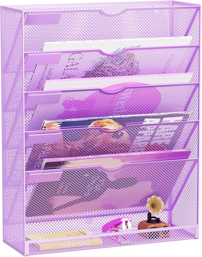 Hanging Wall File Organizer 6 Tier Wall Mounted Mail Paper Folder Holder Document Organization Stand, Vertical Desk Magazine Rack for Office Home Cubicle Countertop, Light Purple by GDINDINFAN
