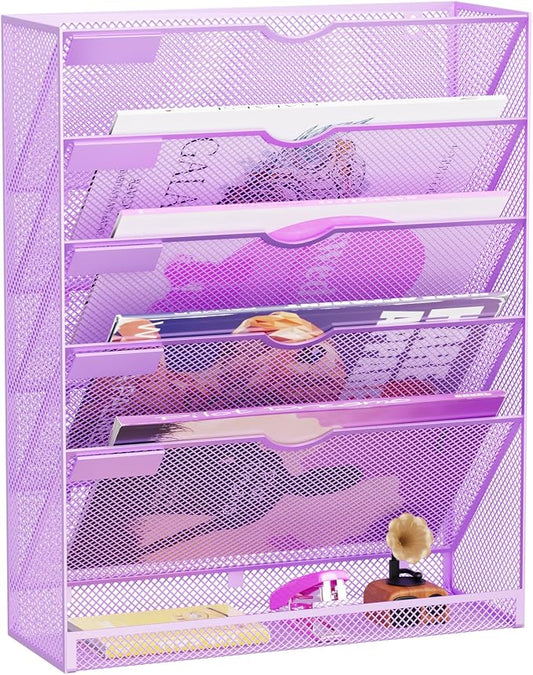 Hanging Wall File Organizer 6 Tier Wall Mounted Mail Paper Folder Holder Document Organization Stand, Vertical Desk Magazine Rack for Office Home Cubicle Countertop, Light Purple by GDINDINFAN