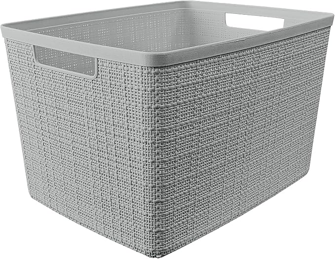 Curver Set of 4 Jute Large Decorative Plastic Organization and Storage Baskets, Perfect Bins for Home Office, Closet Shelves, Kitchen Pantry and All Bedroom Essentials, Grey - Image 3