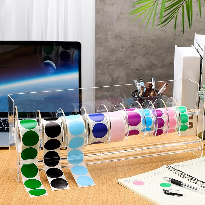 Qilery Adjustable Label Dispenser Acrylic Roll Sticker Dispenser Sticker Holder Organizer Label Stand for Holding Office Home Journal Business Use(12 Disks) - Image 6
