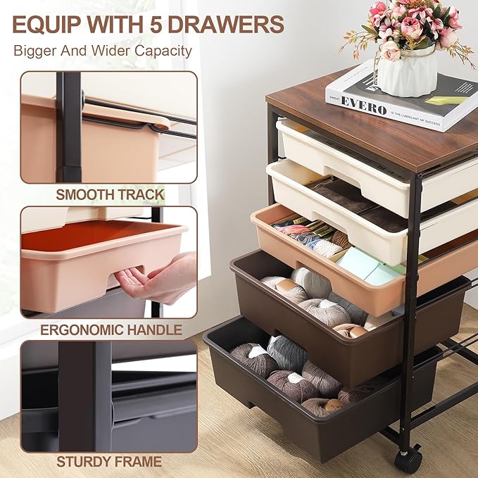 SYKIARIOL Rolling Cart with Drawers, 5 Drawers Utility Cart, Dark Brown | 5-Tiers Storage Cart with Drawers with Lockable Wheels for Craft Organizers and Storage,Home Office,Classroom,Dorm,Playroom - Image 4
