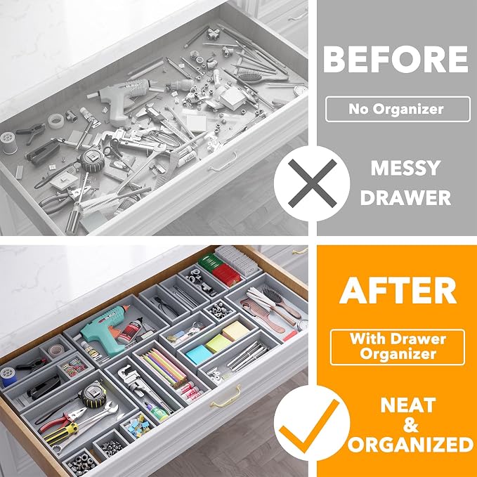 SpaceAid 21-Piece Bamboo Drawer Organizer Storage Boxes Set, Wood Tray Junk Drawer Organizers Multi-Use Divider Bins for Kitchen, Bathroom, Office Desk and Makeup Organization (21 Pack, Gray) - Image 2