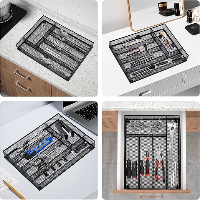 Neudeco Silverware Drawer Organizer, Black | 5 Compartment, Mesh Wire, Non-Slip Feet, Cutlery Tray - Image 7