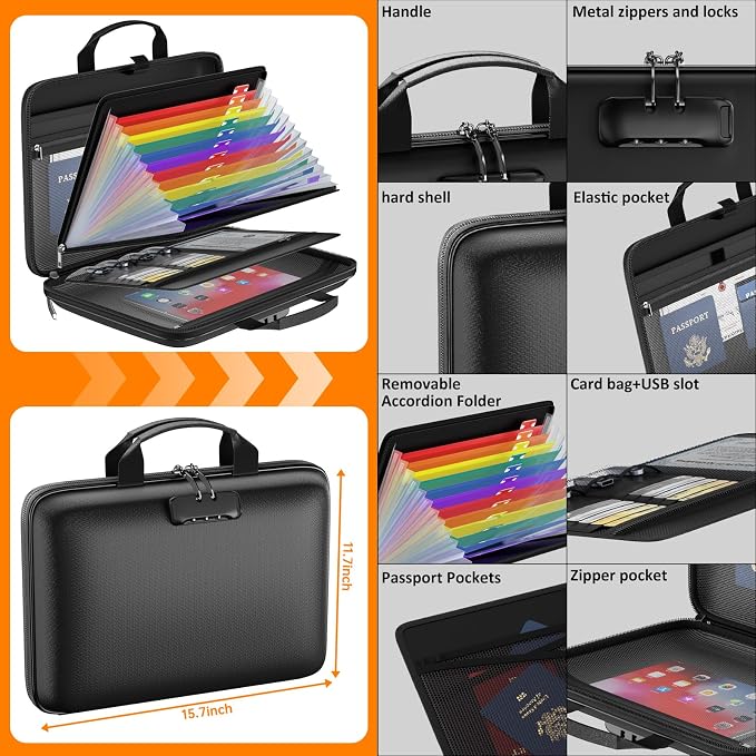 Tamfile Fireproof File Organizer with Lock,Hard Case Fireproof Document Box | 13 Colour Pockets Accordion File Folder, Office Home Important Document Organizer for Letter A4 Files Laptop Passports,Black - Image 4