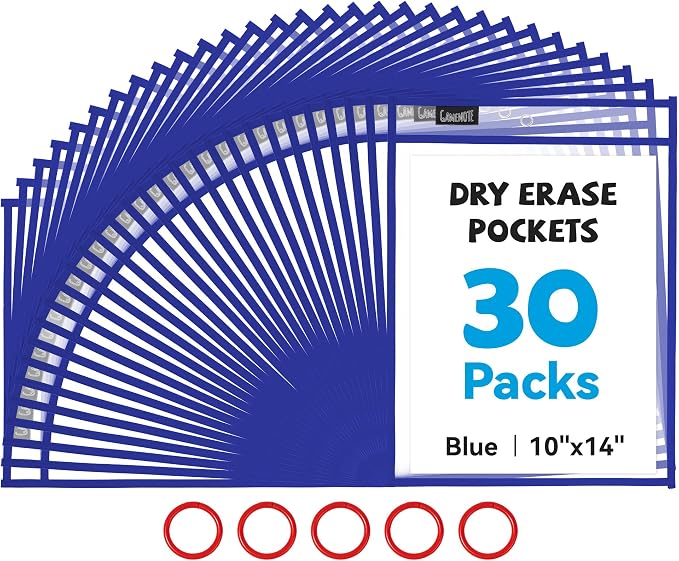 GAMENOTE 30 Pack Dry Erase Pockets, 10x14 Reusable Sleeves, Blue | 30 reusable PVC pockets hold 8.5 x 11 and 9 x 12 sheets; double sided wipe clean surfaces, pen loops, eyelets, and 5 rings by Gamenote