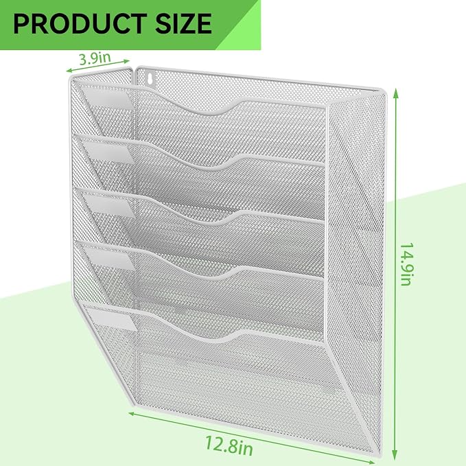 5 Pockets Hanging Wall File Organizer Mail Holder, Wall Mounted Paper Document Folder Holder, Clipboard Storage Organization Magazine Rack, Silver - Image 3