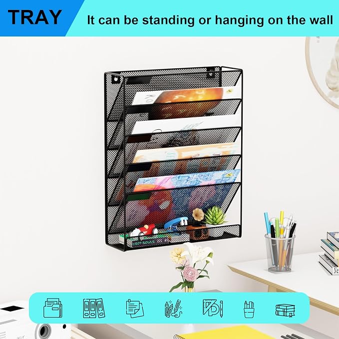 6-Tier Hanging File Organizer Office Cubicle Accessories for Work Organizer Wall Mount File Holder for Mails Folders Papers Magazine Organization, Black - Image 7