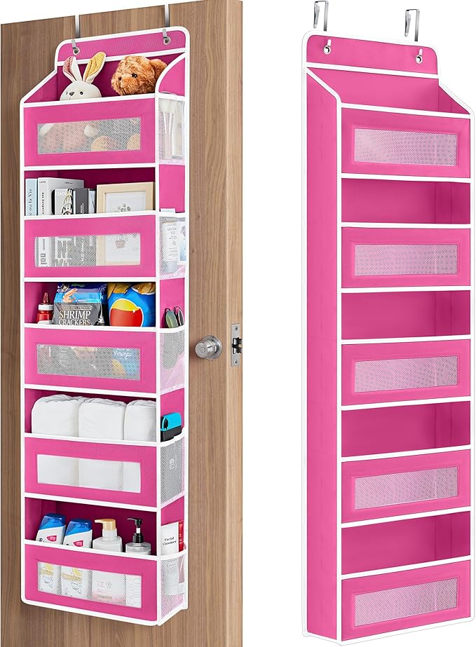 JARLINK Over the Door Organizer for Bedroom, Bathroom, 5 Shelf Rose Pink | Anti-Tilt Design, 44 lb Load Capacity, Hanging Door Organizer with 5 Large Capacity Pockets, Behind Door Storage for Nursery by JARLINK
