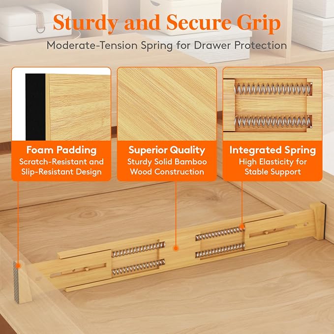 Lifewit 2.4" High 8 Pack Bamboo Drawer Dividers 45-55cm/17.5-22" Adjustable Wooden Drawer Organizer for Clothes/Utensils, Expandable Drawer Separator for Dresser/Kitchen/Bedroom/Office Organization - Image 2