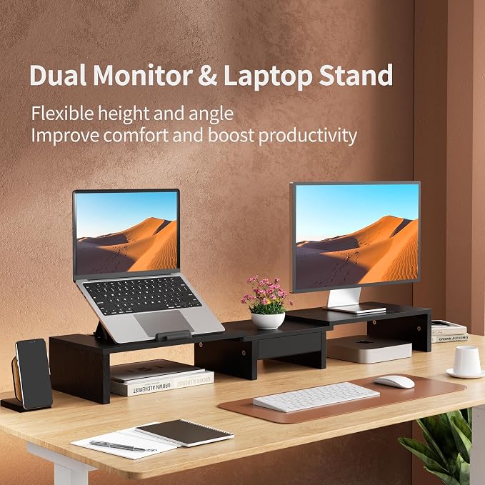 Dual Monitor Stand Riser - Computer Monitor Stand for 2 Monitors，Office Desktop Organizer，Adjustable Length and Angle 3 Shelf with Storage Drawer Phone Holder for Monitors and Laptops-Black - Image 2
