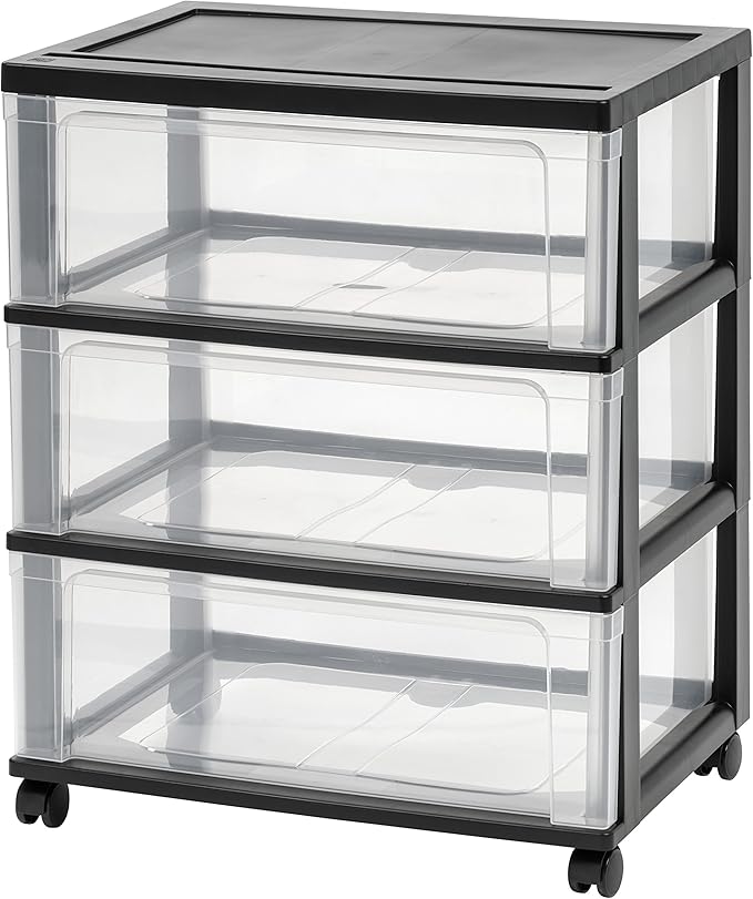 IRIS USA 3-Drawer Wide Storage Cart with Wheels, Organizer, Black | Store clothing, towels, office supplies, craft materials and household essentials with organized storage around your home by IRISUSA