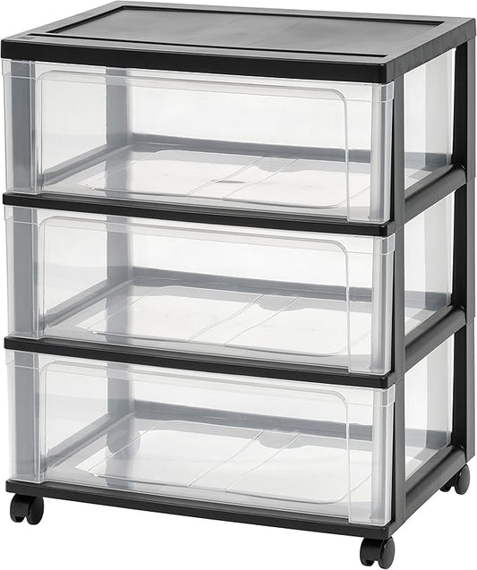 IRIS USA 3-Drawer Wide Storage Cart with Wheels, Organizer, Black | Store clothing, towels, office supplies, craft materials and household essentials with organized storage around your home by IRISUSA