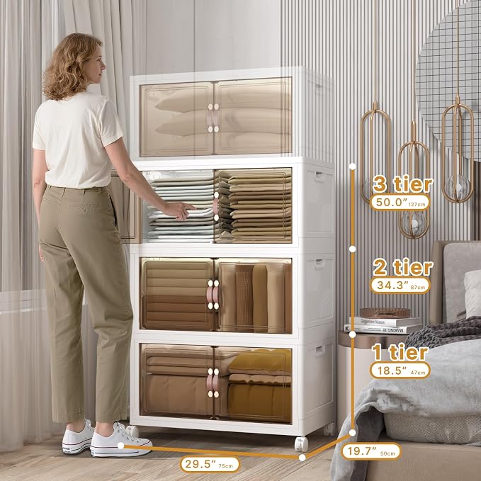 504QT Stackable Storage Bins with Lids, Doors & Wheels | Closet Organizers and Storage Cabinet , Lockable Plastic Foldable Drawers for Bedroom Dorm Office Garage（168QT*3,White） - Image 2