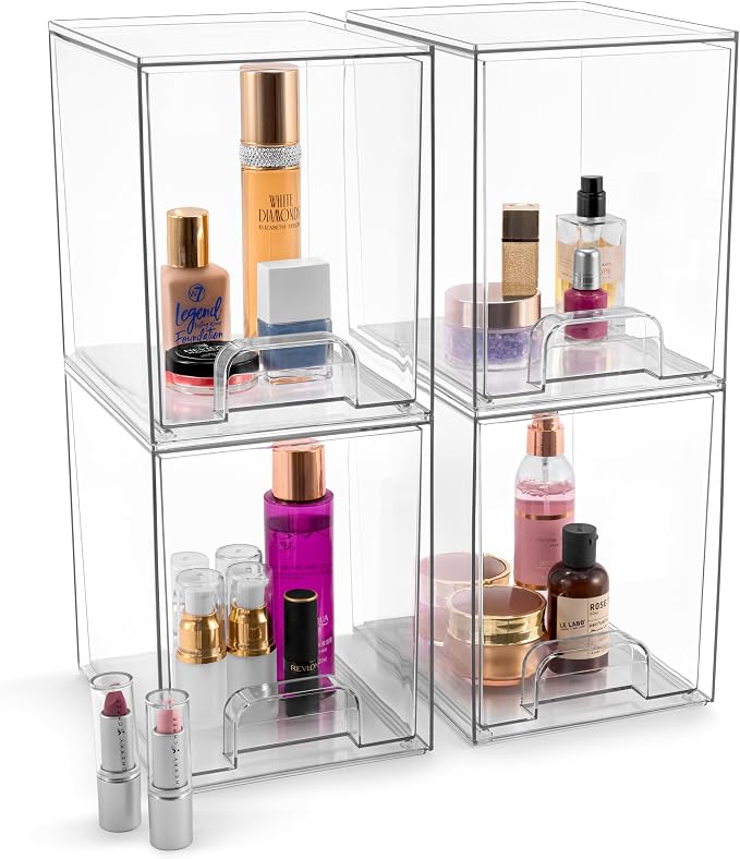 Sorbus Acrylic Storage Containers - 4 Pack, Stackable Storage Bins Set for Bathroom Organization - Clear Acrylic Drawer Organizers - Makeup Case Pull-Out Drawers (7.6’’ Tall) - Image 8