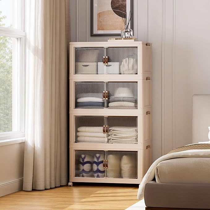 SAILUN 580Qt Stackable Storage Bins,Storage Cabinet a Lid,4Pack Blush White | Stackable Storage Drawers with Lids,28" W x 17" D x 61" H,Featuring open-front Access for Clothes and Closet Storage by SAILUN
