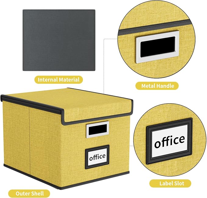 File Organizer Box with Lids, Collapsible File Folder Organizer | File Box with Plastic Slides for Office Document Storage, Filing Bin for Letter Size Hanging File Folders (1 Pack, Yellow) - Image 3