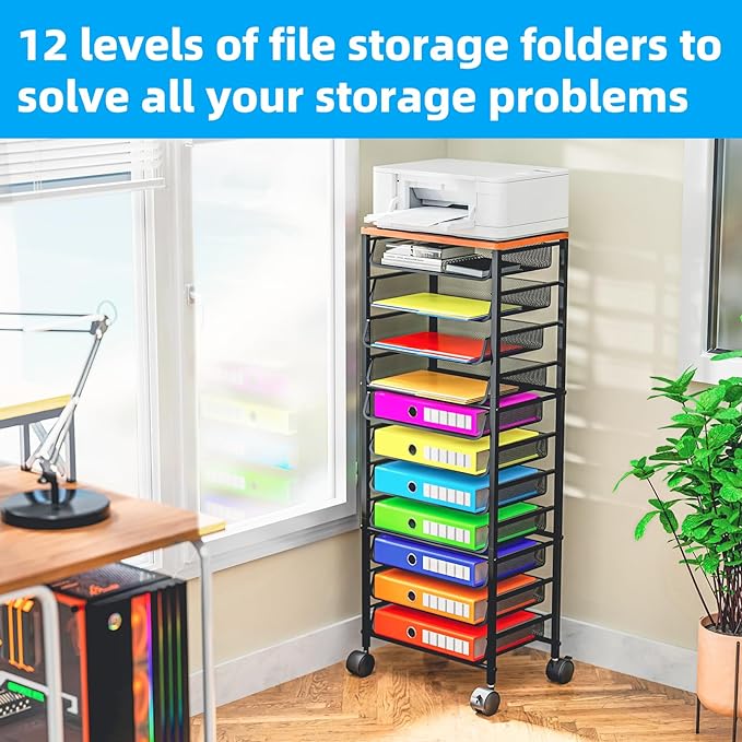Simple Trending 12-Tier Rolling File Cart, Desk File Organizer with 11 Mesh Sliding Trays, Letter & Legal Paper Storage Rolling Utility Cart for Office Home School, Black - Image 4