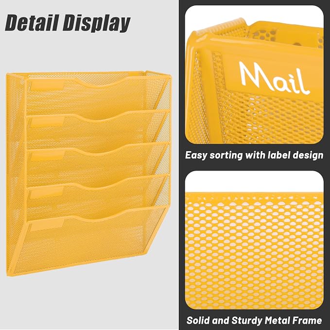 5 Pocket Mesh Hanging Wall File Organizer, Wall Mounted Mail Paper Document Folder Holder, Clipboard Storage Organization Magazine Rack with Nametag Label for Office Home School, Yellow - Image 4