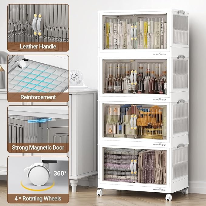 BROVIEW 240Qt Stackable Storage Bins with Lid, Extra Large Closet Organizer Collapsible Drawer Boxes with Wheels, Folding Plastic Cabinet Containers for Home Kitchen Room Organization, 3Pack White - Image 5