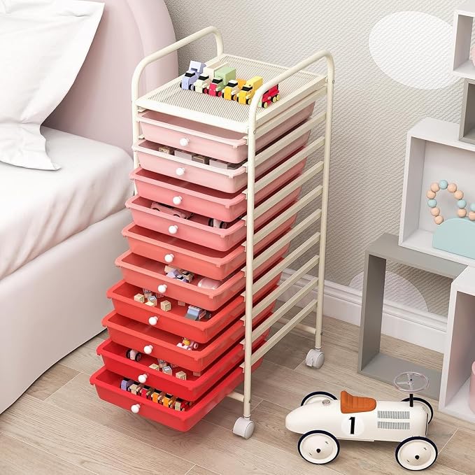 Storage Cart, Rolling Utility Cart with 10 Drawers, Portable Handles & Lockable Wheels, Mobile Paper Toys Storage Organizer Large Capacity for Home Office School Teacher (Gradient Pink) - Image 5