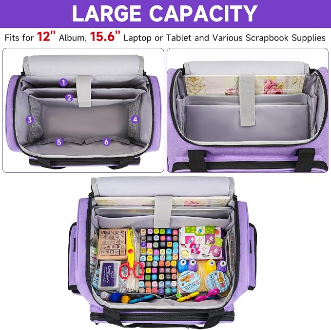 Craft Bag for Scrapbook Supplies, Large Scrapbook Tote with 15.6'' Laptop Sleeve, Art Supply Storage Bag with Multiple Pockets for Scrapbooking Tools, Purple - Image 2