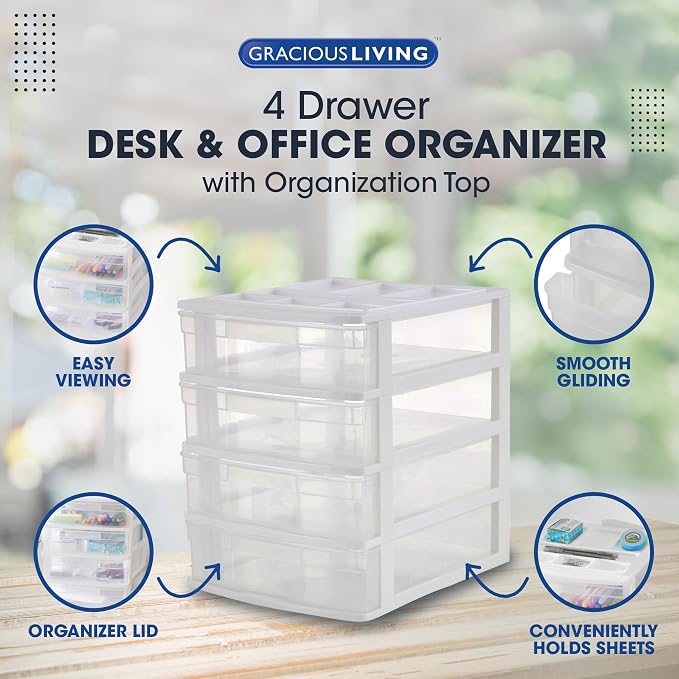 Gracious Living 4 Drawer Desktop & Countertop Organizer w/Organization Lid for Craft Storage, Office Supplies & School Supplies, White/Clear (3 Pack) - Image 4