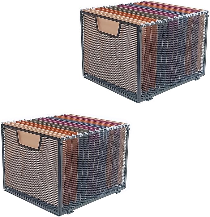 2 Pack Metal Hanging File Folder Organizer & File Crate,Black (2) | Mesh File Box & Filing Basket for Letter Size Folders,Quick Setup File Rack for Office,School,and Home by SREGGSIY