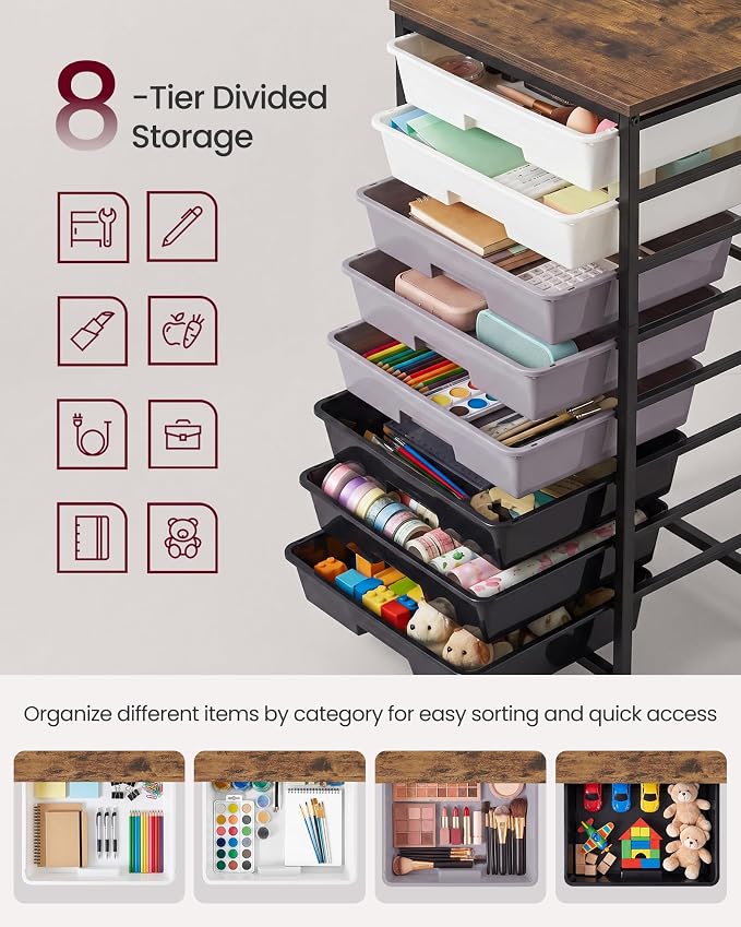VASAGLE 8-Drawer Rolling Storage Cart, Utility Cart with Wheels and Wood Top, Craft Organizer for Office and Home, 15.6 x 11.2 x 30.1 inch, Black, BENCO Collection ULRC006B101 - Image 6