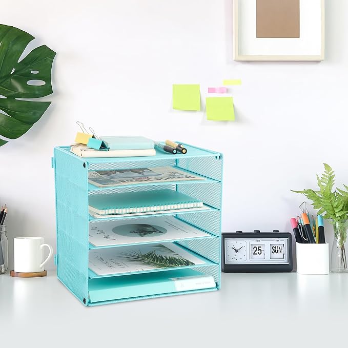 5 Slot Mesh Desk Organizer Tray, File Paper Letter Folder Holder Desktop Paper Sorter Mail Organization Rack Storage Accessories, for Office Home School Classroom, Blue - Image 6