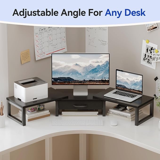 Dual Monitor Stand Riser, Desk Organizers and Accessories with Drawer, Computer Monitor Stands for Desk, Adjustable Desktop Shelf for PC Laptop Printer TV, Black - Image 5